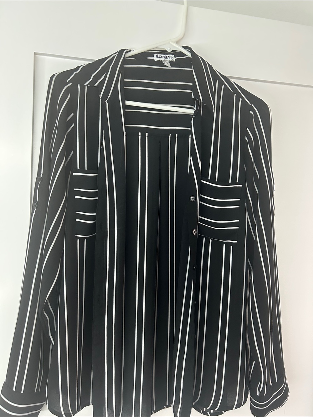 Express Black and White Vertical Stripe Button-Down Shirt
